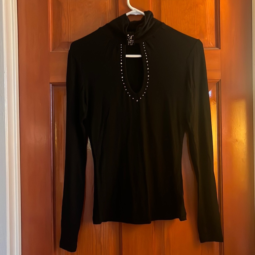Cache Black Long Sleeve with mock neck and chest cutout with gold modals around